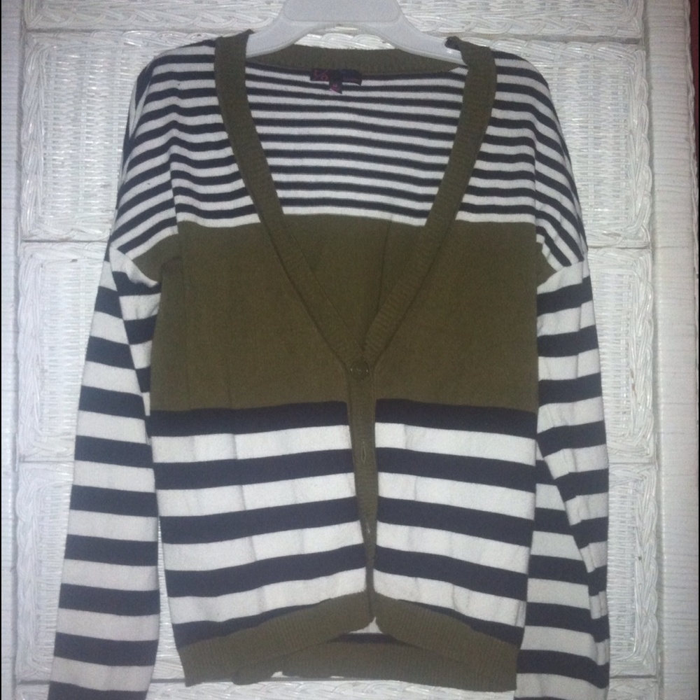 Navy Green, Black & White Striped Cardigan/Sweater